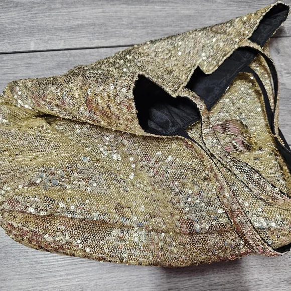 Victorias Secret Gold Sequin Tote Bag With  ANGEL Wings Purse Charm - Picture 5 of 12